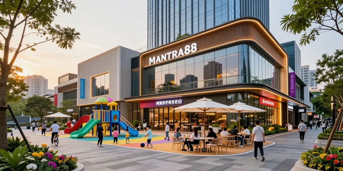 Dynamic MANTRA88 commercial complex atmosphere with diverse families enjoying outdoor spaces and entertainment.