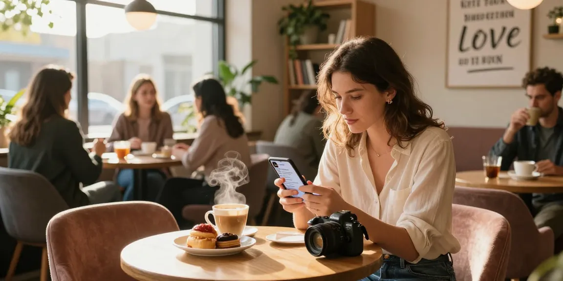 Woman using HundRoses dating app in a cozy coffee shop