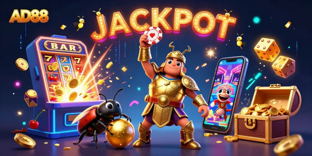 AD88 celebrates a casino jackpot with vibrant beetle characters in a dynamic 3D scene.