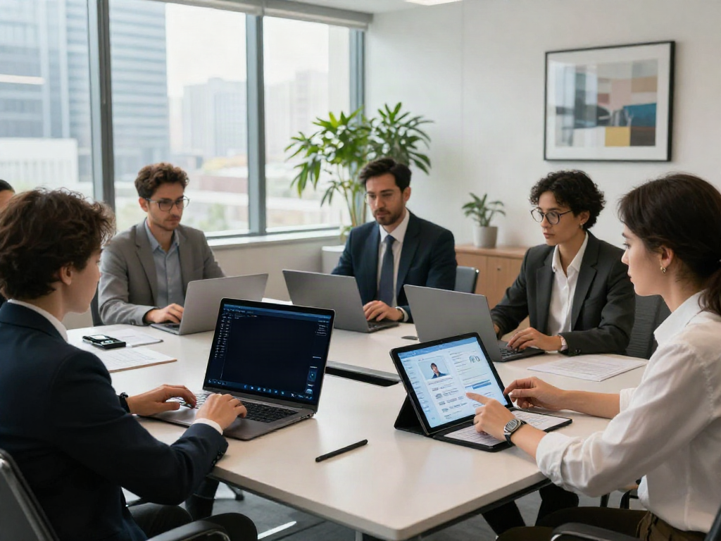 Deepfake protected meetings in a modern conference room with professionals collaborating on virtual security technology.