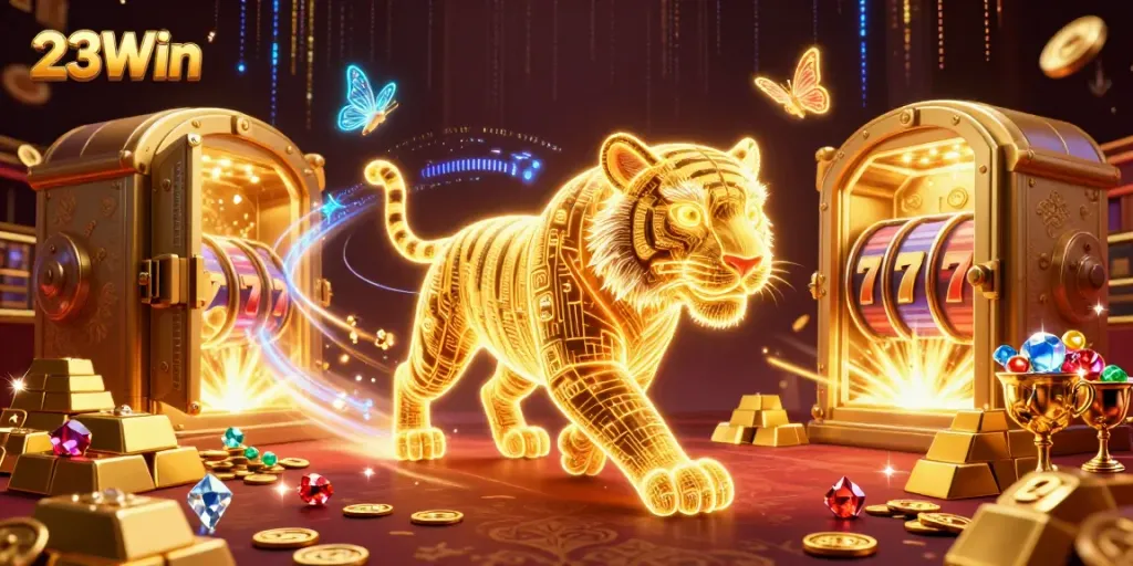 Experience the thrill of 23Win with a vibrant, captivating casino illustration showcasing a golden tiger amid digital treasures and slot machines.