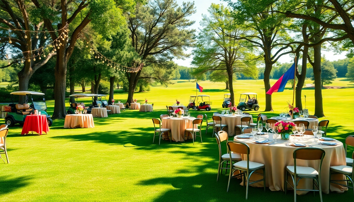Hosting Events at a beautiful outdoor golf venue, showcasing elegant set tables and decorations.