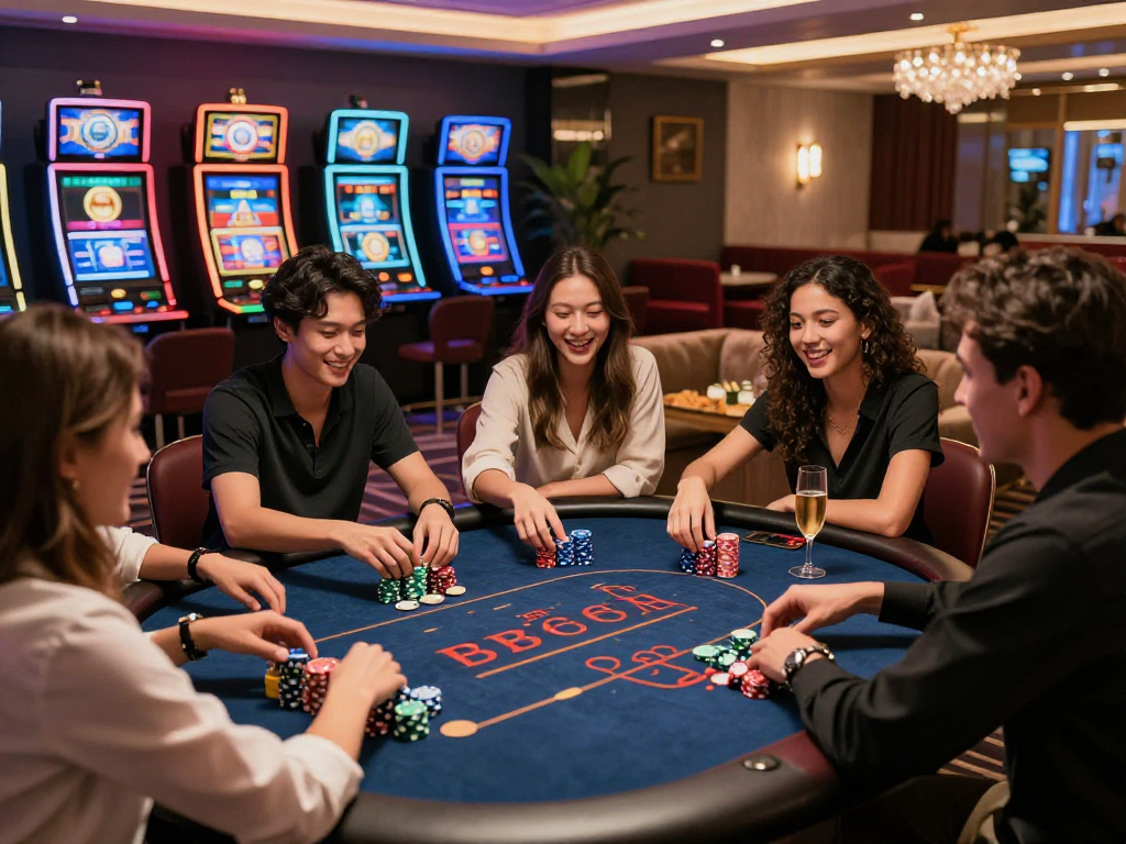 A lively crypto casino with friends at a poker table, vibrant chips, and high-tech slot machines.