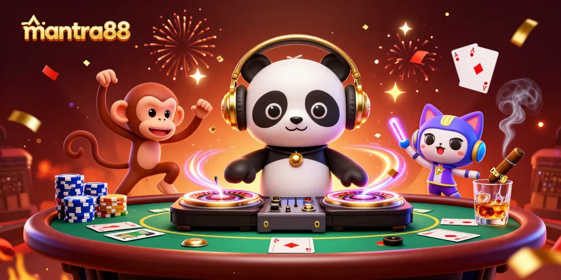 Experience the excitement of mantra88 with a vibrant casino scene featuring a DJ panda and dynamic characters.