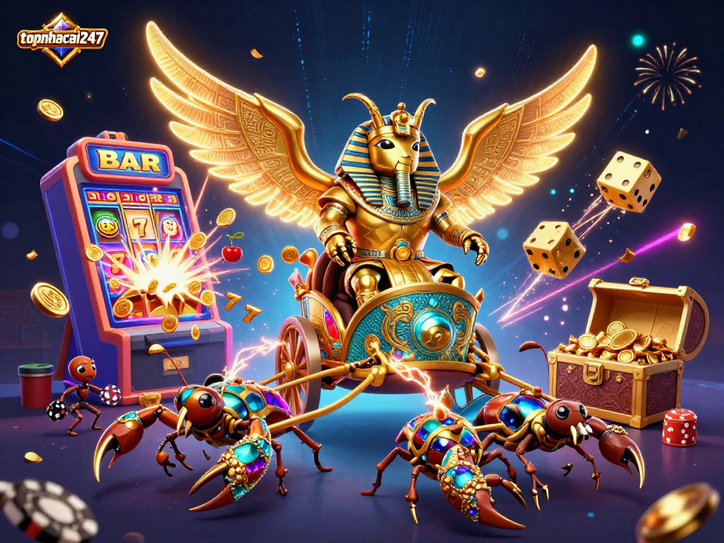 Engage with topnhacai247's exciting casino experience featuring a colossal golden scarab in armor amidst vibrant gaming elements.