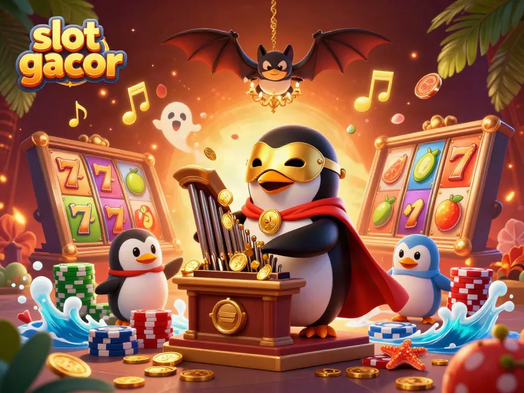 Experience thrilling gameplay at slot gacor with a lively 3D scene featuring penguins and casino elements.