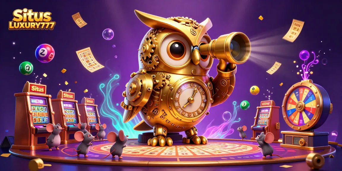 Situs LUXURY777 menampilkan ilustrasi kasino 3D dengan burung hantu dan tikus, cocokkan angka lotre dan roda hadiah.