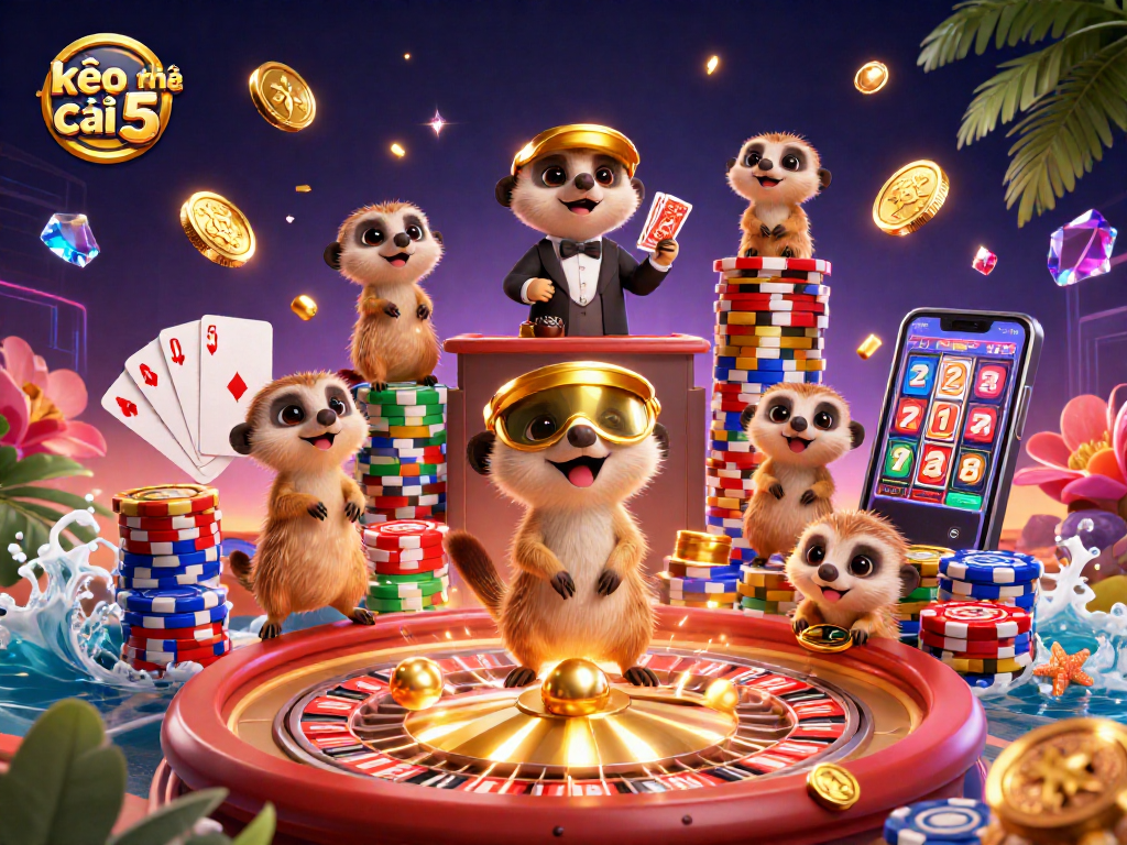 Join the fun of kèo nhà cái 5 with a vibrant meerkat casino scene featuring games, chips, and excitement!