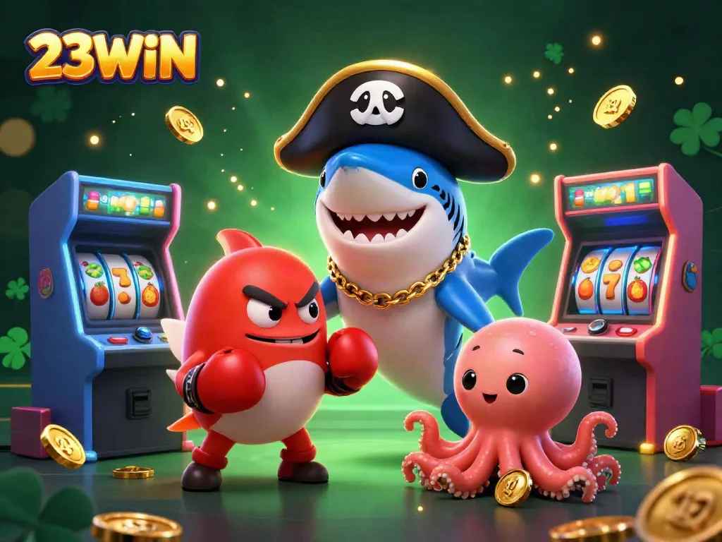 Experience the excitement of gaming at 23WIN with our engaging characters and vibrant casino scene.