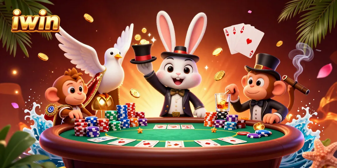 Experience winning fun with iwin as a magician rabbit pulls coins from a hat in a vibrant casino scene.