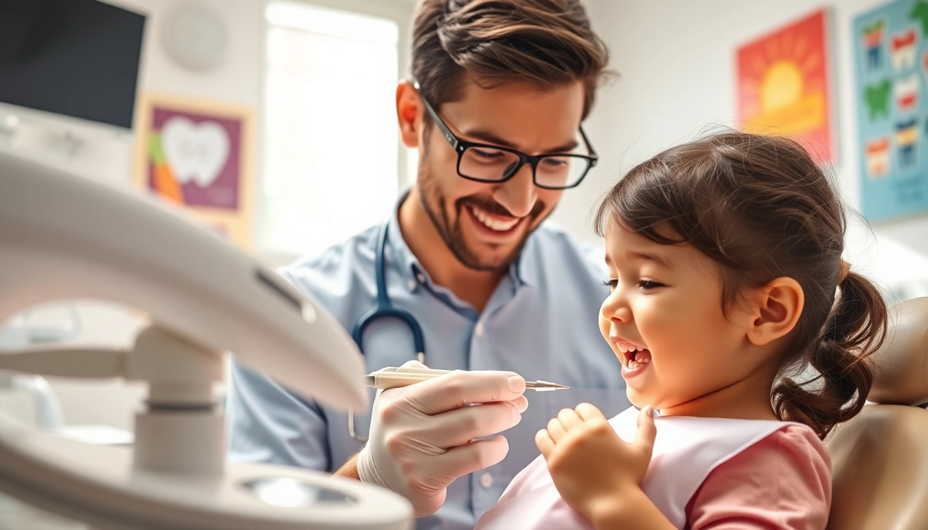 Engaging family dentistry scene showcasing a dentist with a child in a welcoming clinic.