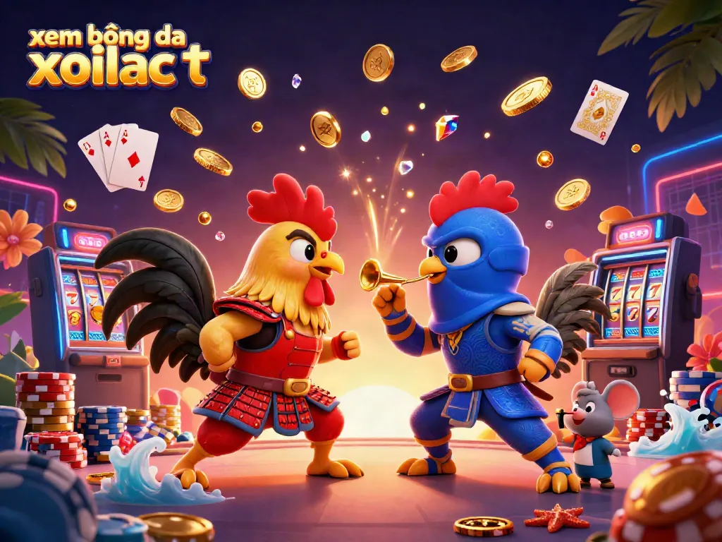 Experience the excitement of xem bóng đá xoilac tv with dynamic 3D fighting roosters and cascading casino elements.