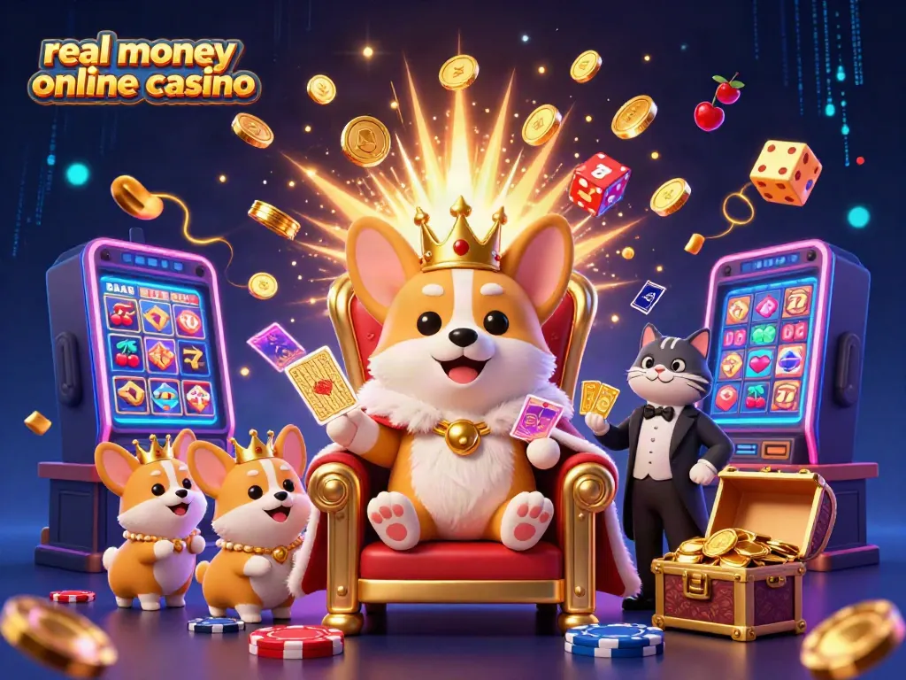 Experience the excitement of a real money online casino with a royal corgi on a throne amidst slot machines and gold.